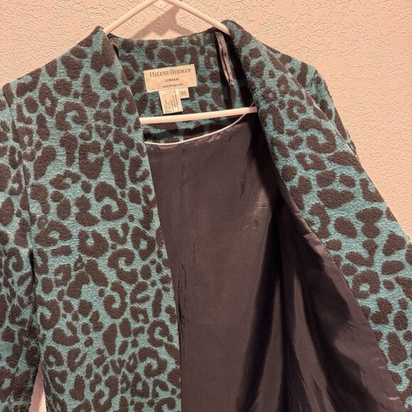 Helene Berman Teal Leopard Print Coat Women’s XS Wool Blend Blue Green Pockets - Picture 5 of 7